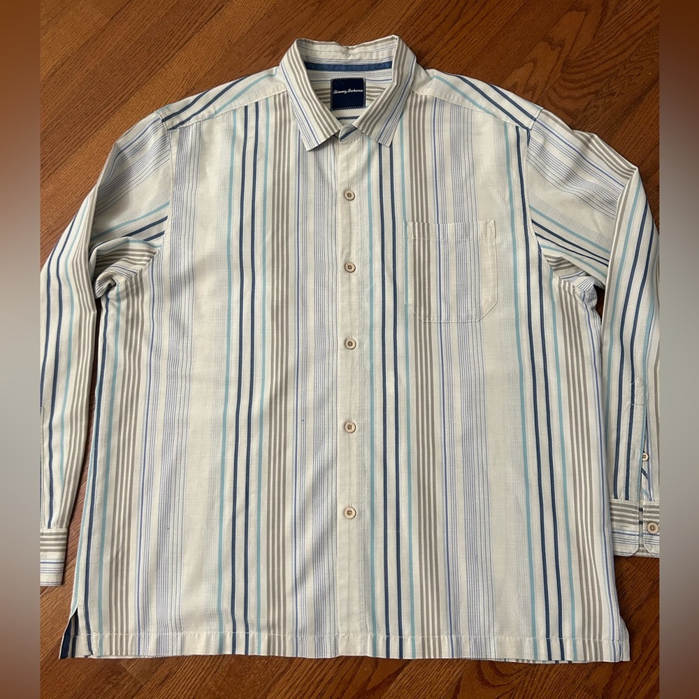 Tommy Bahama Silk Button Up Shirt Men's Sz XXL Blue Vertical Striped Long Sleeve